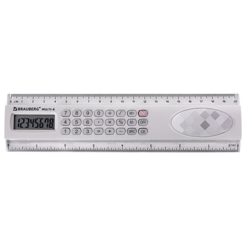 Калькулятор с линейкой 20 см, BRAUBERG MULTI-8 (53x210 мм), 8 разрядов, 250540  