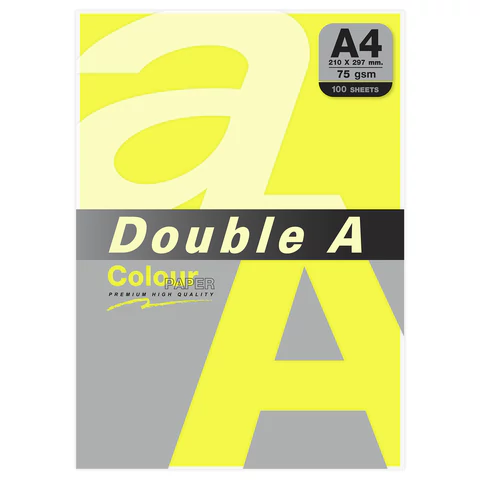 Бумага цветная DOUBLE A, А4, 75 г/м2, 100 л., неон, желтая КодШК 8858741732054 