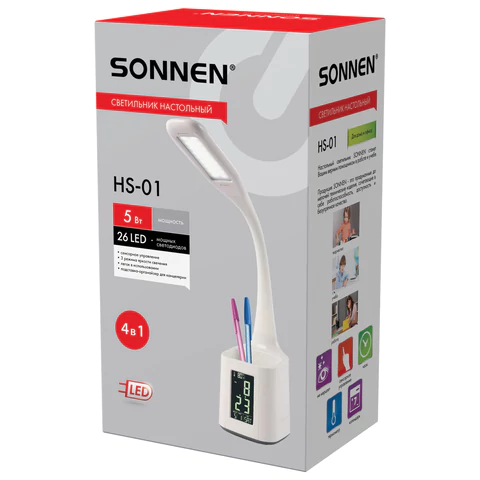 Настольная лампа / светильник SONNEN HS-01 на подставке, LCD-экран, СВЕТОДИОДНАЯ, 5 Вт, белый, 238234