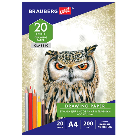 Бумага для рисования и графики в папке А4, 20 л., 200 г/м2, ВАТМАН ГОЗНАК, BRAUBERG ART CLASSIC, 114492 
