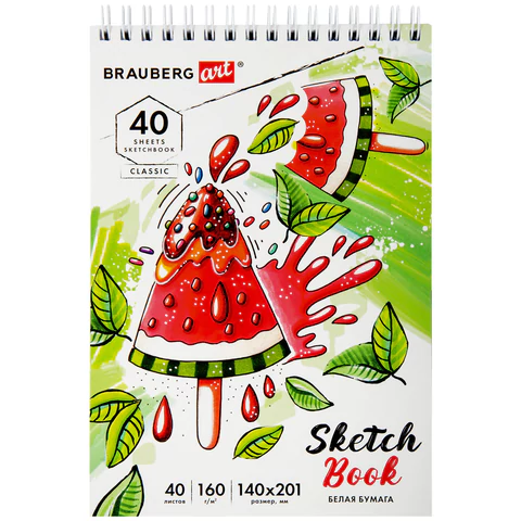 Скетчбук, белая бумага 160 г/м2, 140х201 мм, 40 л., гребень, жесткая подложка, BRAUBERG ART CLASSIC, ассорти, 115071