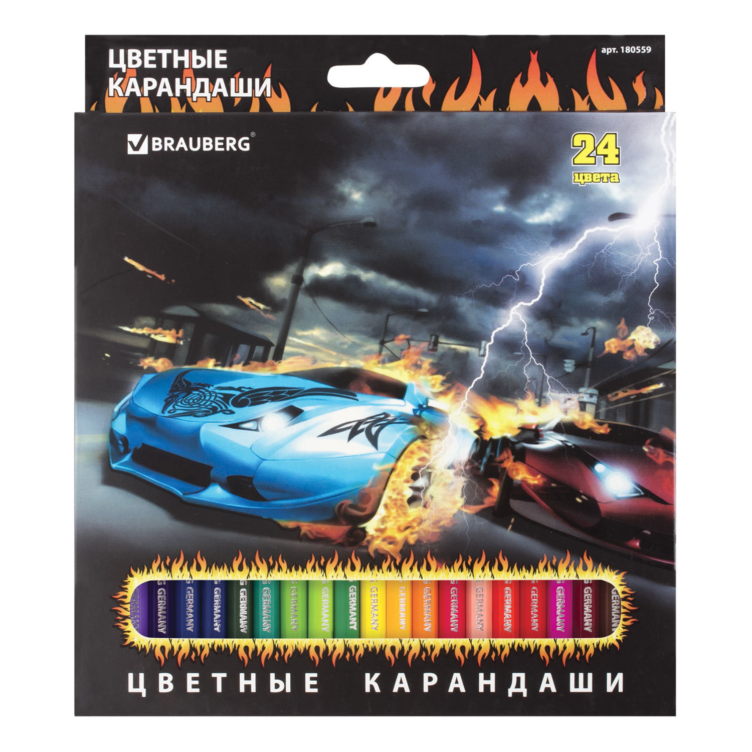 Карандаши цветные BRAUBERG «InstaRacing», 24 цвета, заточенные, картонная упаковка с отделкой выборочным лаком, 180559
