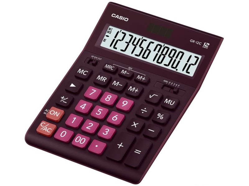 КАЛЬКУЛЯТОР - 12РАЗ. "CASIO" GR-12C-WR-W-EP БОРДОВЫЙ (12 РАЗРД.. 2 ПИТАНИЕ