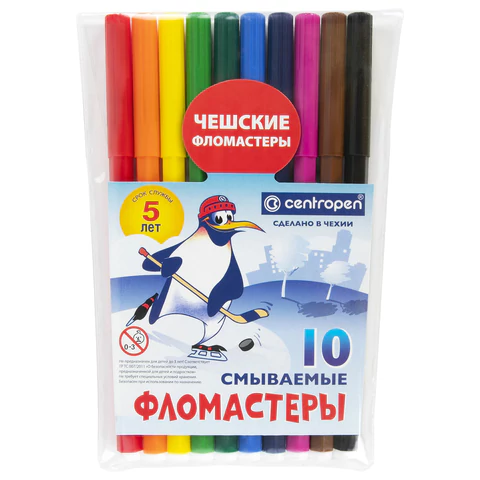 Фломастеры 10 ЦВЕТОВ CENTROPEN "Пингвины", смываемые, вентилируемый колпачок,  1500055