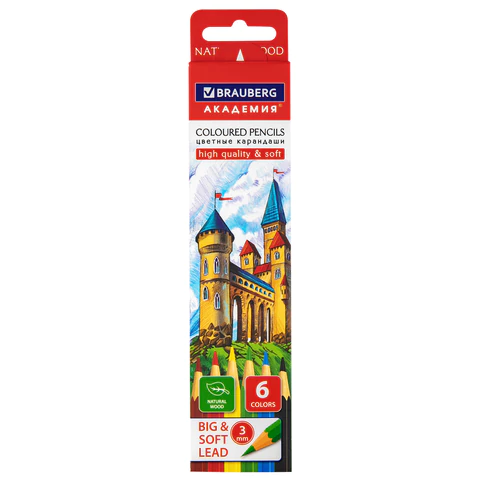 Карандаши цветные мягкие BRAUBERG АКАДЕМИЯ, 6 цветов, шестигранные, грифель 3 мм, натуральное дерево, 181863  