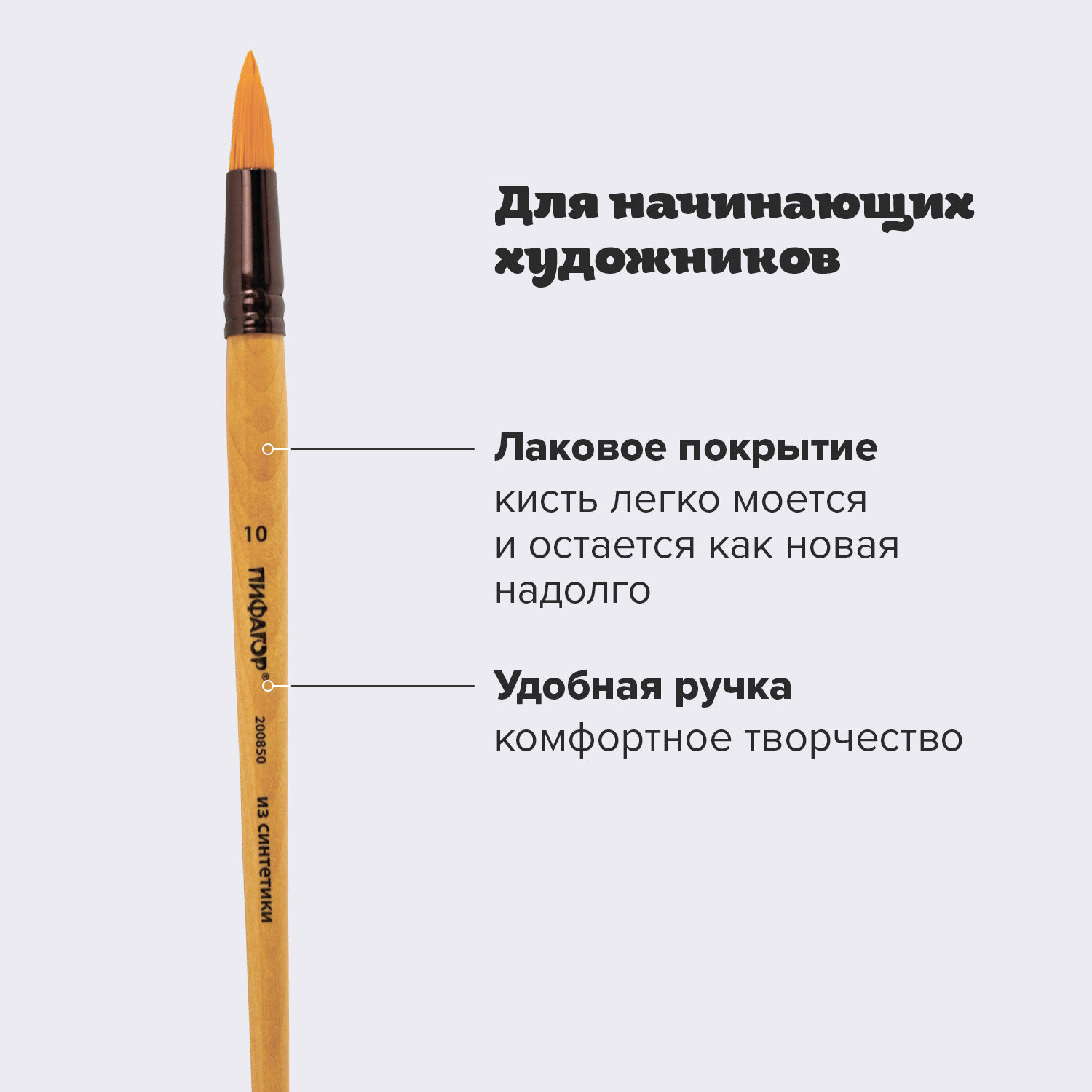 Кисть ПИФАГОР, СИНТЕТИКА, круглая, № 10, деревянная лакированная ручка, с колпачком