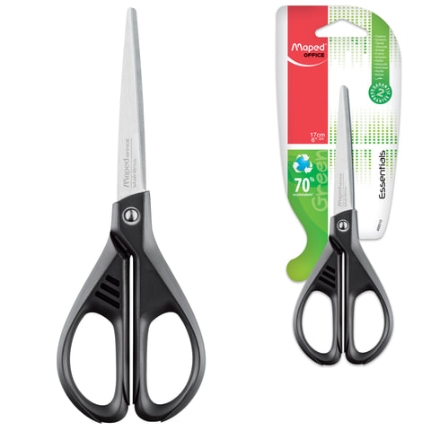 Ножницы MAPED (Франция) "Essentials Green", 170 мм, черные, картонная упаковка с европодвесом, 467010,