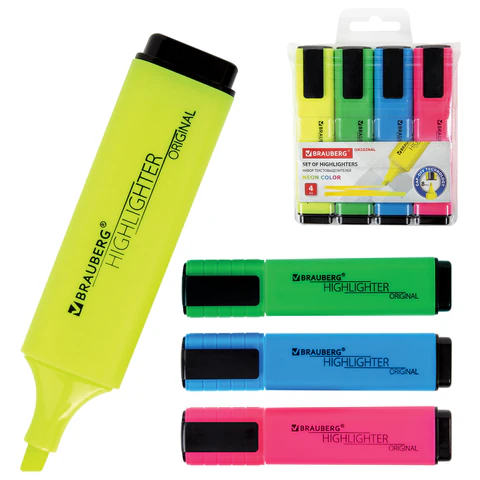 Набор текстовыделителей 4 ЦВЕТА, BRAUBERG "ORIGINAL NEON", линия письма 1-5 мм, 152215  