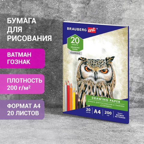Бумага для рисования и графики в папке А4, 20 л., 200 г/м2, ВАТМАН ГОЗНАК, BRAUBERG ART CLASSIC, 114492 