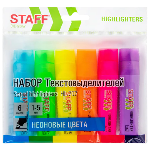 Набор текстовыделителей 6 НЕОНОВЫХ ЦВЕТОВ, STAFF "EVERYDAY HL-707", линия 1-5 мм, скошенный наконечник, 152550 